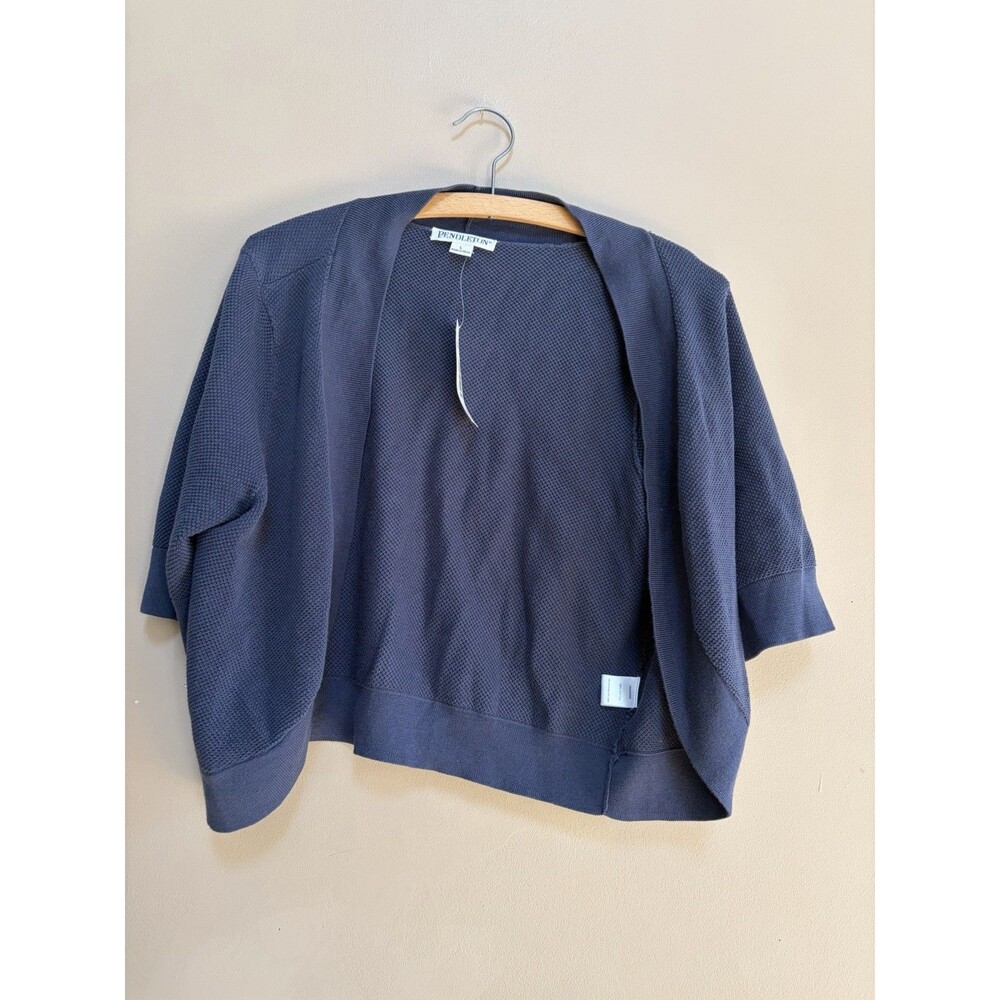 NWT Pendleton Navy 100% Cotton Crop Open Front Cardigan Sweater Women Size L